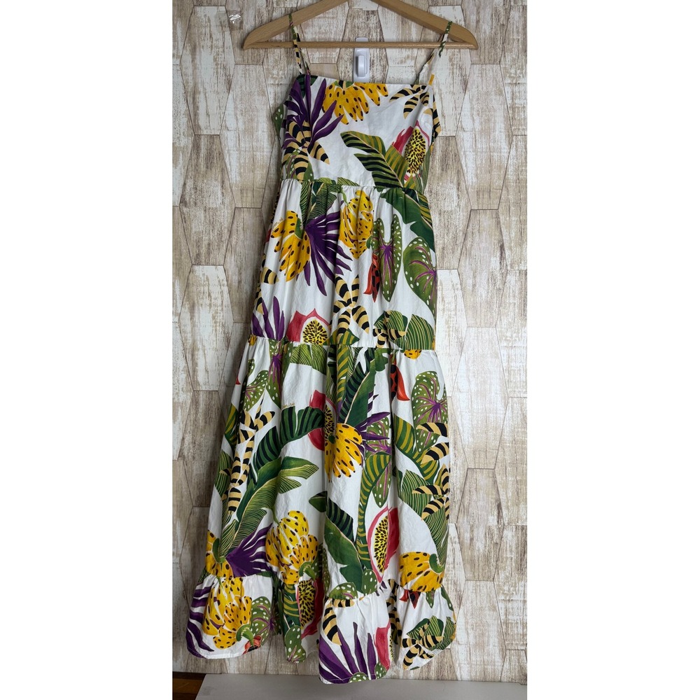 Farm Rio Size S Tropical Floral Cotton Tiered Maxi Dress Smocked
